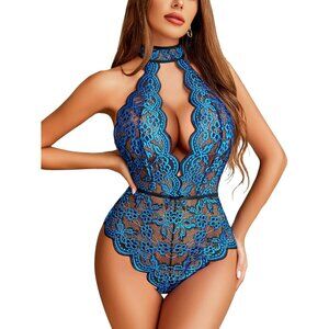 Women's Black Blue Snap Crotch Lingerie Sexy Lace Bodysuit Deep V Teddy Babydoll